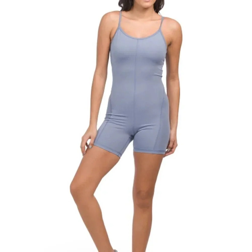 Yogalicious Illusion Ribbed Lotus‎ Short Romper Blue Athletic Yoga One Piece NWT